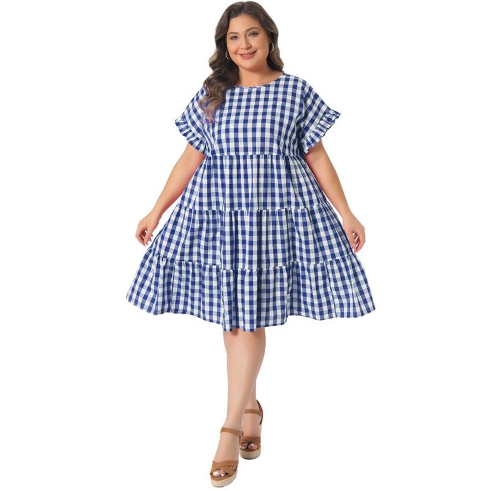 Women Plus Size Ruffle Sleeve Tiered Babydoll Gingham Dress Royal Blue - Picture 3 of 5